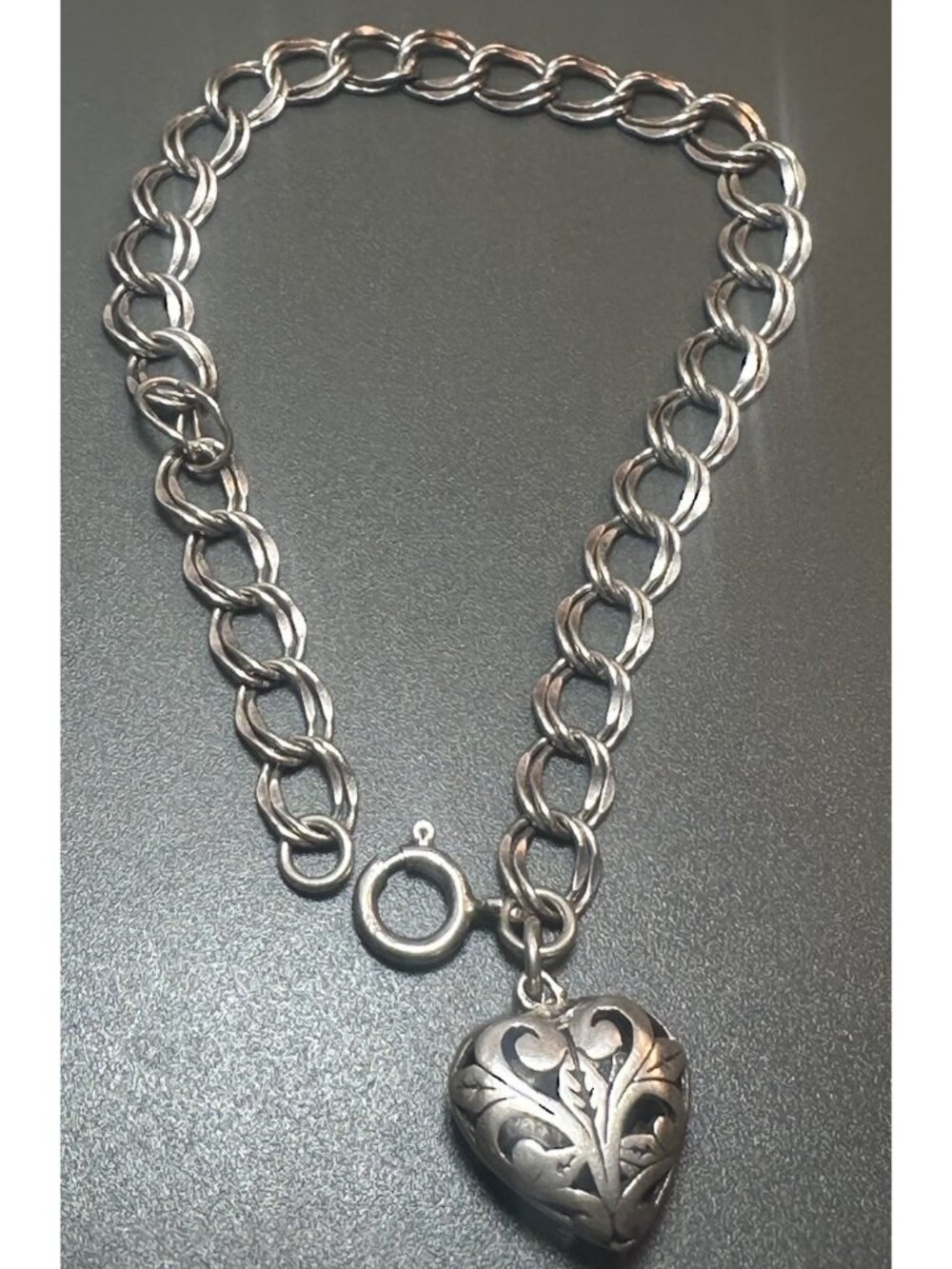 Vintage 925 Sterling Silver Double Curb Link Charm Bracelet Puffy Heart - Picture 4 of 7